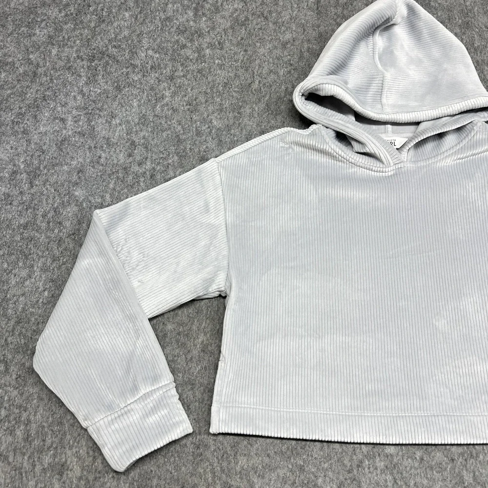 Athleta Girl‎ Hoodie Girls XL Gray Velour V Neck Long Sleeve Pullover Cropped